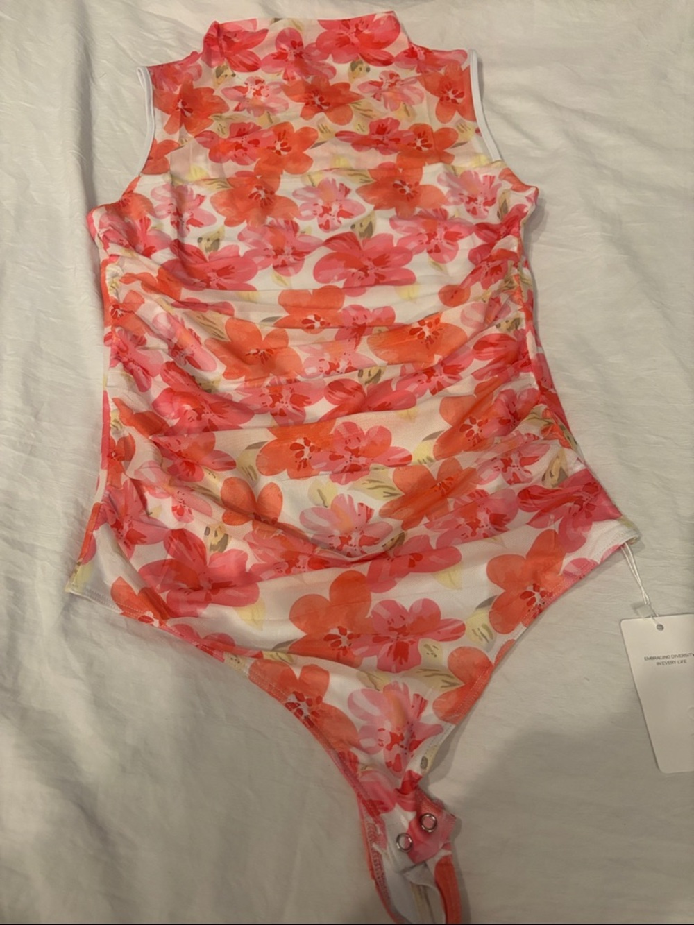 ReoRia Floral Tank Bodysuit in Coral, Pink & White